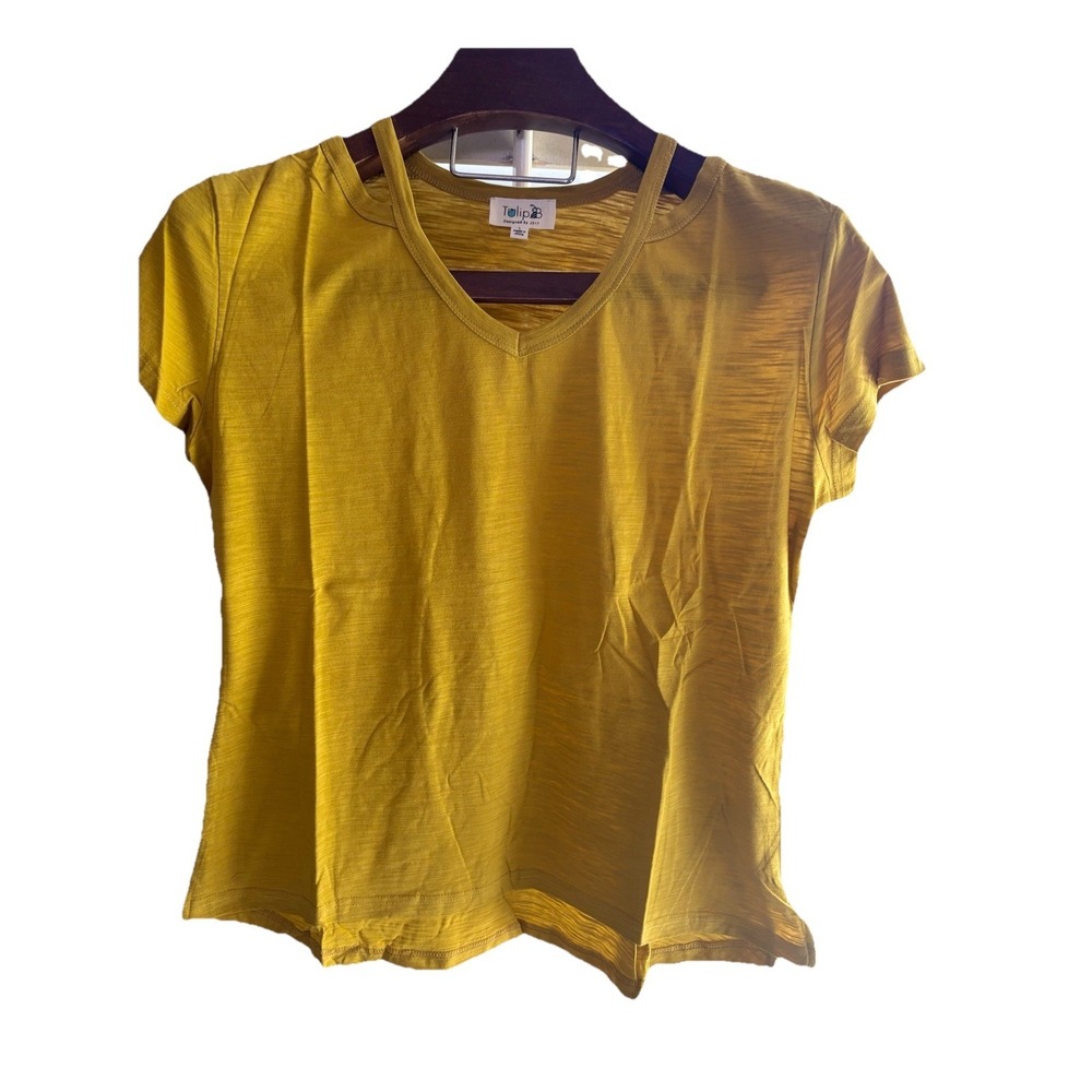 Tulip B Slub Knit Shirt Women's Large Mustard Yellow Cotton Cold Shoulder V-Neck - Picture 4 of 8